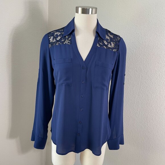 Express Portofino Shirt Womens Small Slim Fit Lace Detail Blue Button Up Blouse - Picture 1 of 11
